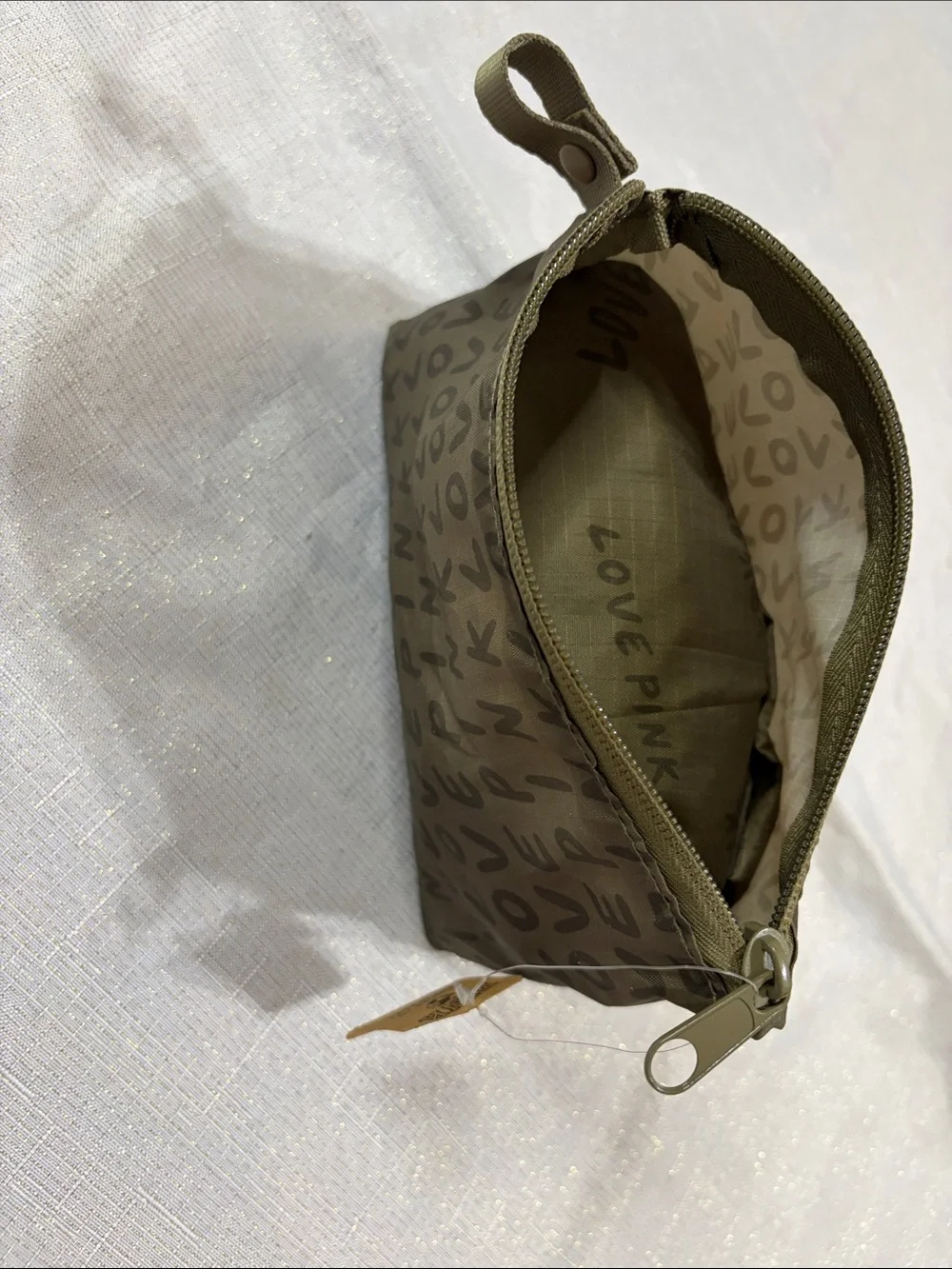 PINK Victorias Secret Large Olive Green Nylon Tote Bag with Matching Pouch